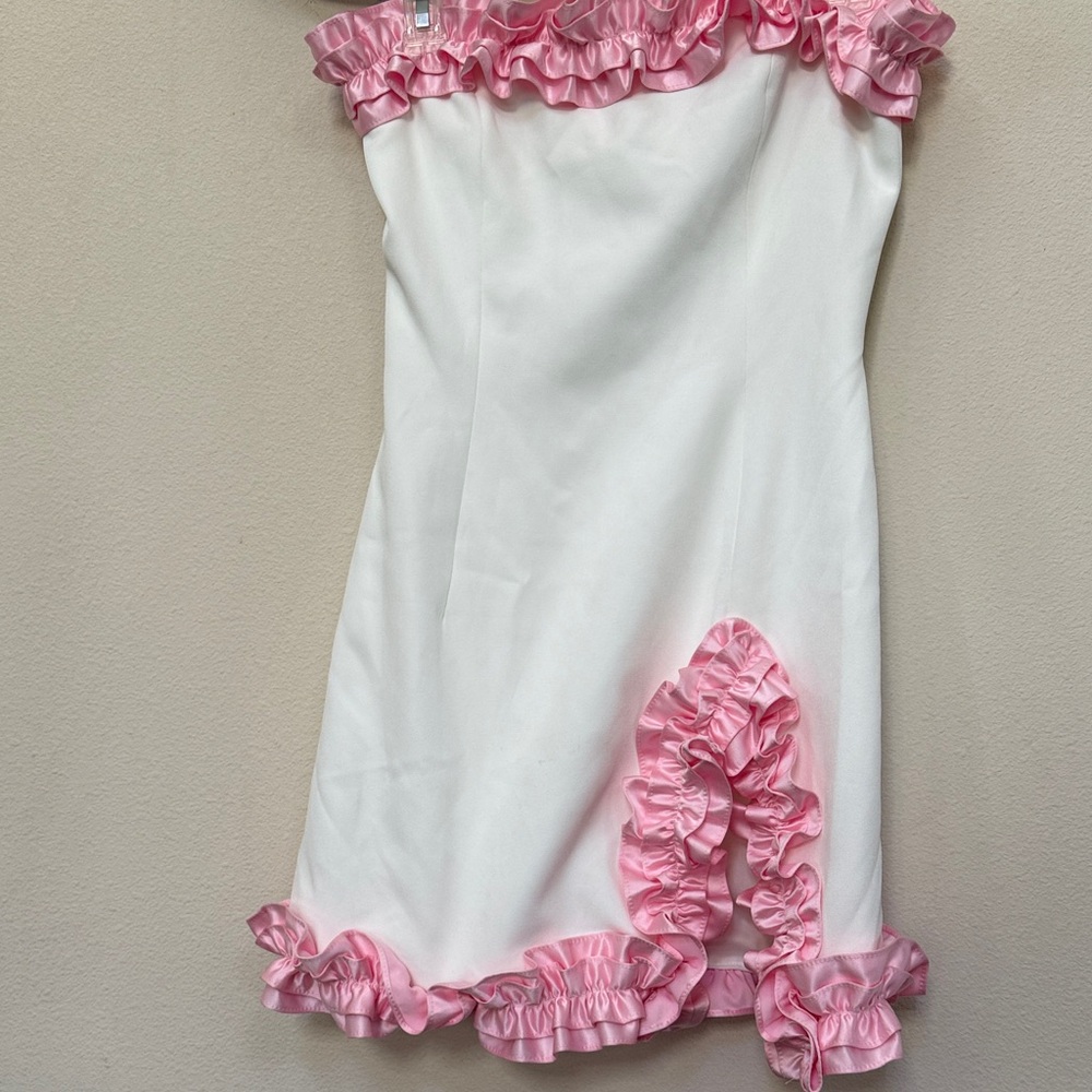 Miscreants White Dress with Pink Ruffle Trim